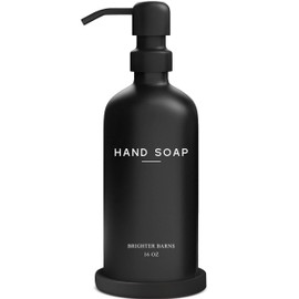 Black Glass Hand Soap Dispenser Bathroom Set by Brighter Barns - Bathroom Soap Dispenser Set with Tray and Stainless Steel Pump - Modern Decor for Kitchen, Hotel, Vacation Rental, Restaurants (Black)