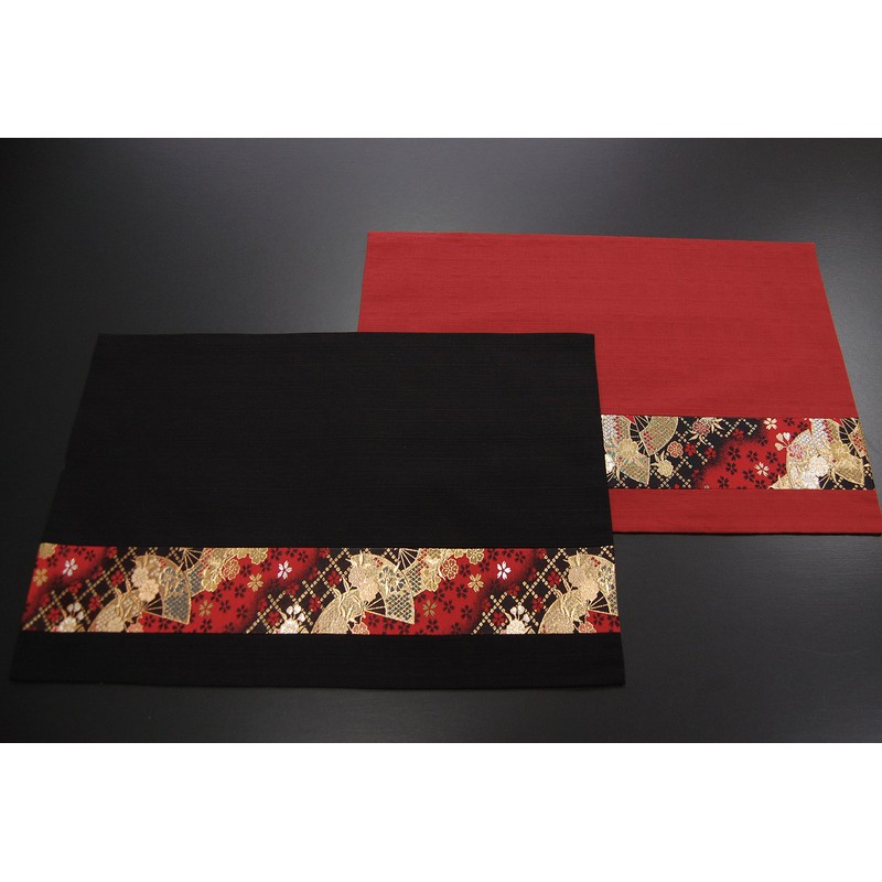 [Packaged] Boxed Pair Placemat Gift Japanese Pattern Fan (Red, Black)