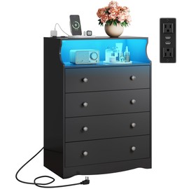 WLIVE Black LED Dresser for Bedroom, Tall Wood Dresser with 4 Drawers and Open Shelf, Chest of Drawers with Power Outlet for Living Room, Hallway, Closet