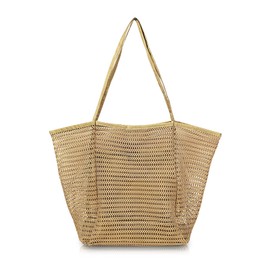FuninCea Women's Mesh Tote Bag with Zip Pocket Inside, Additional Large Capacity Summer Beach Bag, Lightweight and Foldable Women's Handbag, Shopping Bag for Travellers, Beach, brown, L