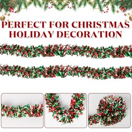 50 Feet Christmas Tinsel Garland Metallic Twist Garland for Christmas Tree Shiny Xmas Hanging Garland for Home Mantle Stair Indoor Outdoor Holiday Party Supplies Decor (Green Red Silver)