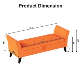 Rovibek 51" Storage Ottoman Bench, Velvet Bedroom End of Bed Bench, Upholstered Window Benches with Solid Wood Legs and Curved Armrests for Bedroom, Living Room, Entryway, Orange