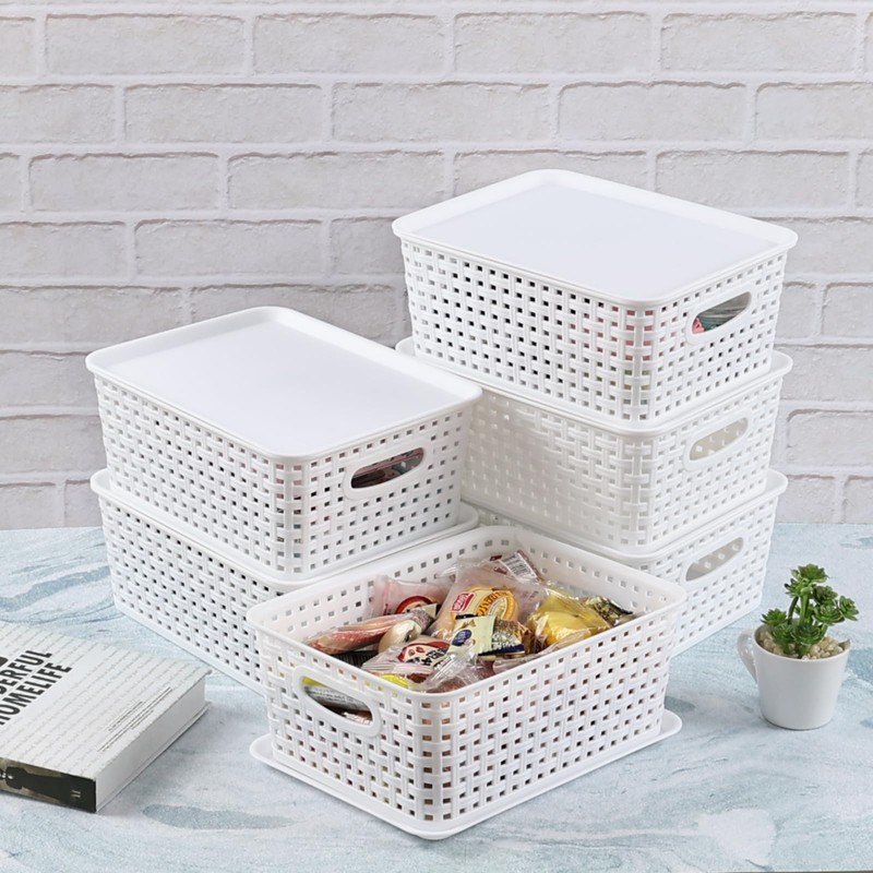 6-Pack Plastic Storage Basket with Lid, Small Organizer Bin, White