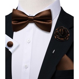 Ailisus Brown Bow Ties for Men Pre-tied Silk Bowtie and Pocket Square Cufflinks Lapel Pin Set Tuxedo Wedding Party 4PCS