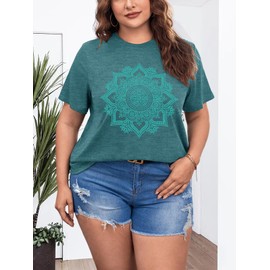 Women Plus Size Mandala Vintage Graphic Short Sleeve Shirts Wild Sunflower Round Neck Tee Tops
