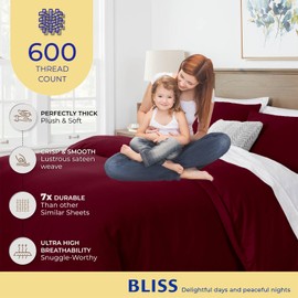 THREAD SPREAD Queen/Full Duvet Cover, 600 Thread Count Sateen 3 Piece Egyptian Cotton Duvet Cover Set, 100% Pure Cotton Comforter Cover, 2 Pillow Shams, Zipper Closure, 7 Corner Ties - (Burgundy)
