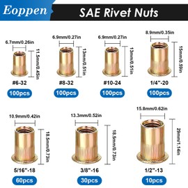 Eoppen 1000Pcs SAE & Metric Rivet Nuts Assortment Kit 6-32, 8-32, 10-24, 1/4-20, 5/16-18, 3/8-16, 1/2-13 M3 M4 M5 M6 M8 M10 M12 Zinc Plated Carbon Steel Flat Head Nutsert