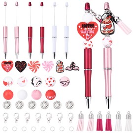 Echoed Elegance 6-Pack DIY Beadable Pen Set - Valentine's Day Gift for Women & Men, Customizable Ballpoint Pens with Heart Beads (Pink) for Office, School, Party Favors, Wedding Supplies