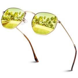 Sunier Sunglasses Women Men Polarised Fashion Apace Polygon Sunglasses Women, Ultralight Hexagonal Metal Frame 100% UV400 Protection, gold frame gold lens