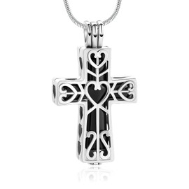 QGJNSGC - Collar de cremación con corazón de eternidad, cruz de cremación para cenizas para mujeres y hombres, colgante de cenizas de acero inoxidable, doble cruz hueca para recuerdo de urna
