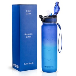 LEGEND Botella de agua de 32 onzas con rastreador de tiempo, sin BPA, plástico Tritan de alta calidad, botellas de agua motivacionales portátiles para gimnasio, oficina, escuela, tapa a prueba de fugas, popote de silicona extraíble, correa de transporte,