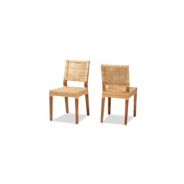 Baxton Studio Lesia Modern Bohemian Natural Brown Rattan and Walnut Brown Finished Wood 2-Piece Dining Chair Set