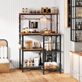 HOOBRO Bakers Rack with Power Outlet, 4-Tier Corner Microwave Stand with Storage, Coffee Bar with 8 S-Shaped Hooks, Kitchen Shelf Rack, 2 Installation Methods, Rustic Brown and Black BF20UHB01