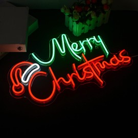 Lucunstar Green Merry Christmas Neon Sign,Neon Signs For Wall Decor,Christmas Hat LED Sign Light with Acrylic Board, Art Wall Decorative Night Light 3 Colors for Christmas Decor,Christmas Gift