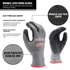 LINCONSON 12 Pack Safety Performance Series Construction Mechanics Wrinkle Latex Work Gloves (Grey, XX-Large (12 Pairs))