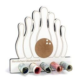 Geschenk Geldgeschenk für Bowling-Fans – personalisierbar mit Wunschtext – HDF Holzschild mit 5 Geldschein-Haltern – Geschenkidee für Bowler zu Geburtstag, Weihnachten oder als Vereinsgeschenk