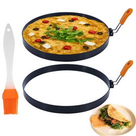 2 Pack 8 Inch Pancake Mold Omelette Ring for Griddle, Omelet Ring Pancake Ring with Insulated Handle, Stainless Steel Nonstick Round Egg Cooker Rings with Oil Brush for Fried Egg Omelet Breakfast