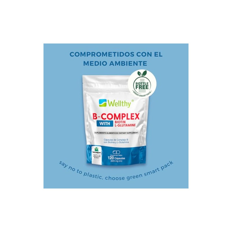 Wellthy Complejo Cápsulas 120 Porciones Reforzado Biotina Glutamina Vcaps Veganas