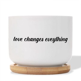 DecStic Love Changes Eveything Planters Ceramic Bible Verse Round Plant Pot with Drainage Holes and Bamboo Tray Pot for Home Office Decoration