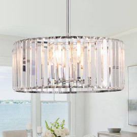 Afirstcght 16.5" Chrome Crystal Chandeliers 4-Light Modern Drum Chandelier Flush Mount Round Ceiling Hanging Pendant Light Fixture for Kitchen Island Dining Room Foyer