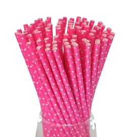 Disposable Paper Straws - Hot Pink White Polka Dot 7.75 Inch Drinking Straws for Cocktails Wedding Birthday Bars Restaurants Party