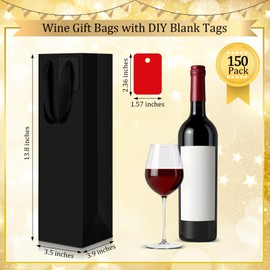 Windyun 150 Pack Paper Wine Gift Bags Bulk with Handle Reusable Small 13.8x3.5x3.9 Inches Liquor Bottle Totes with DIY Blank Thank You Tags for Birthday Wedding Christmas Holiday Party (Black)