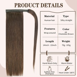 14" Human Hair Ponytail Extension 70g #4 Chocolate Brown 100% Remy Human Hair Wrap Around Long Ponytail Clip in Hair Extensions Straight One Piece Hairpiece for Women (14", Chocolate Brown)