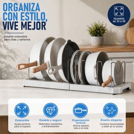 Organizador Expandible para Ollas y Sartenes con 7 Divisiones Ajustables, Soporte de Acero Inoxidable y Base Plástica, Estante Porta Tapas para Alacena de Cocina, Ahorro de Espacio (Blanco)
