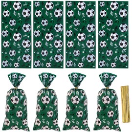 CSTYWC 50 Pieces Soccer Cellophane Treat Bags Plastic Candy Goodie Bags with 50 Twist Ties for Sports Themed Birthday Party Favors