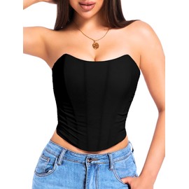 ChiaoLezhee Women's Adjustable Lace-Up Corset Top, Fit Sizes 00-14, Boned Ruched Mesh,Strapless Bustier,Black,Small