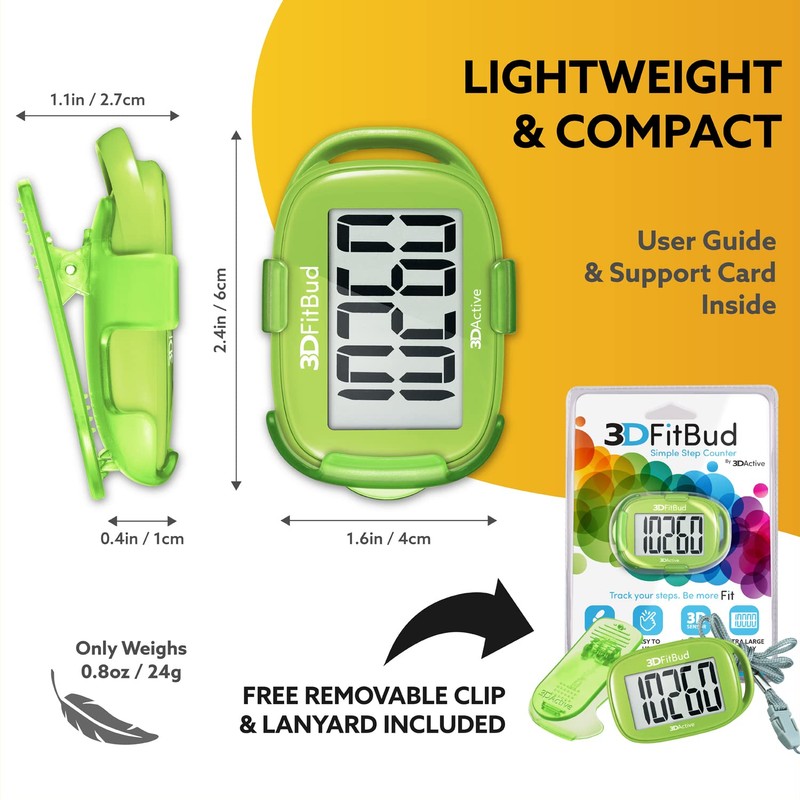 3DActive 3D-FitBud Simple Pedometer with Clip and Lanyard A420S (Green)