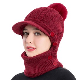 Women Balaclava Visor One-Piece Skull Beanie Hat Neck Circle Scarf Ski Snow Winter Knit Fleece Cap Cold Weather