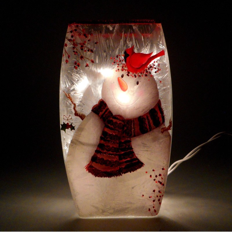 Stony Creek Decorative Lighted Glass Snowman Cardinal Holly 8" Vase