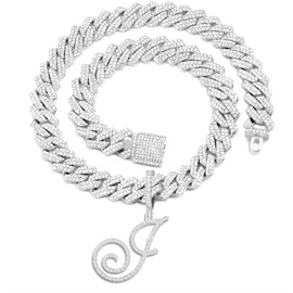 PTJDSMF Women's 18" Zinc Cuban Link Necklace with Cursive Letter Pendant and 1433 Rhinestones, Silver