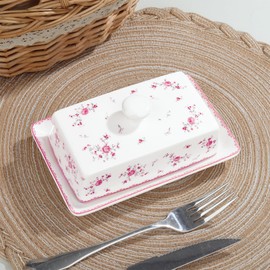 fanquare Porcelain Butter Dish with Lid, Rose Butter Holder,Butter Dish with Cover, Pink