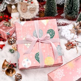 Homeral Pink Christmas Wrapping Paper Roll - 42.5 sq.ft. (3 Rolls: 17 x 120 in Per Roll) Metallic Shine Bell, Snowflake, Christmas Tree on Pink for Christmas, New Year Celebration, Holiday, Party