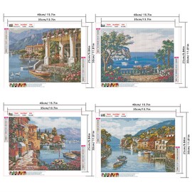 DCIDBEI 40 x 30 cm 4-Piece Diamond Painting Rural Landscape, DIY Round Diamond Painting House by the Sea for Adults, Diamond Painting Pictures Sea, Decoration Entrance Living Room Bedroom