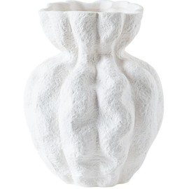 White Ceramic Flower Vase: 7.3" Small Bud Vases with Boho Wide Mouth Petal Shape - Centerpiece for Home Living Dining Room Bedroom Table Decor