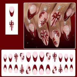 Christmas Press on Nails Red French Tip Fake Nails Almond False Nails Snowflake Bow Glitter Gold Line Design Medium Full Cover Glossy Acrylic Nails for Women Manicure 24PCS