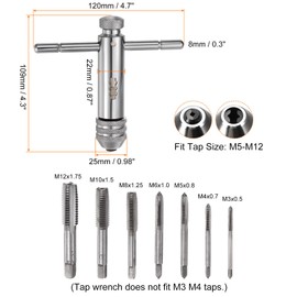 HARFINGTON T-Handle Ratchet Tap Wrench + Metric Tap Set, 7pcs M3 M4 M5 M6 M8 M10 M12 Thread Taps and M5-M12 Adjustable 4.3" Short Ratcheting Wrench Hand Tapping Tools