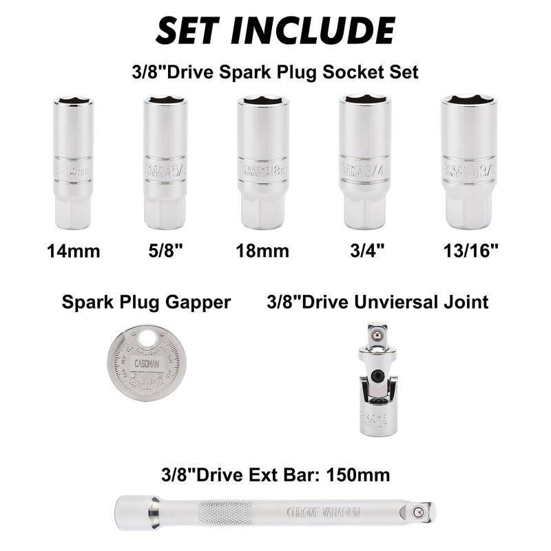 CASOMAN 3/8-Inch Drive Spark Plug Socket Set, 6-Point, Include Extension