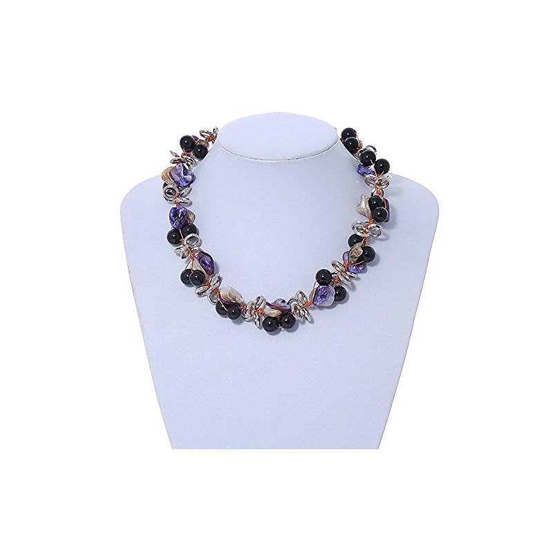 Avalaya Black Ceramic Bead & Purple/Natural Shell Composite Silver Tone