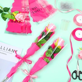 Feifeiya 302 Pcs Valentines Day Flower Packaging Kit 100 Flower Bag Single Rose Sleeve 100 Floral Water Tubes 100 Diamond Head Pins 2 Ribbon for Christmas Bouquet Flower Wrapping(Rose Red)