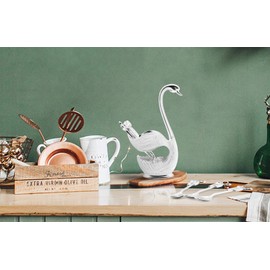 Decorative Swan Base Holder with 3 Spoons and 3 Forks, Coffee Dessert Spoon Fork Set Creative Coffee Dessert Sugar Flatware for Fruit Dessert Stirring Sugar Ice Cream (Silver)