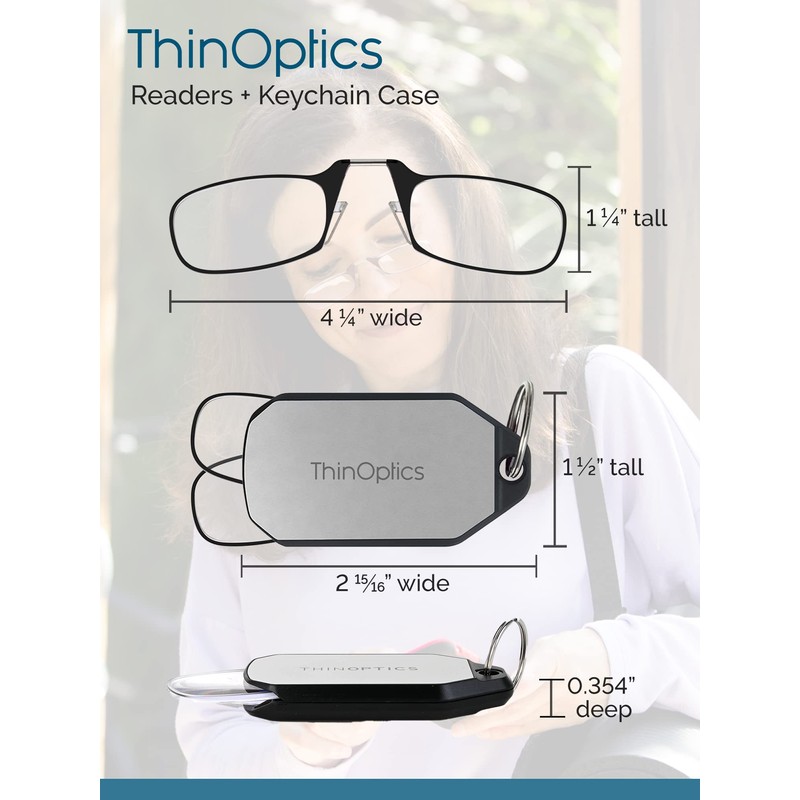 ThinOptics Keychain Case and Readers Rectangular Reading Glasses, Black, 44