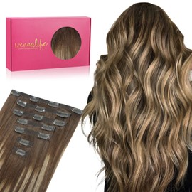 WENNALIFE Seamless Clip In Hair Extensions, 22 Inch 7pcs 150g Balayage Chocolate Brown to Honey Blonde, PU Skin Weft Real Human Hair Extensions