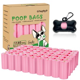 Lifegogo 1140 Counts 57 Rolls Unscented Doggy Poop Bags, Leak-Proof, Easy Tear-Off, Pink (13 x 9 Inches)