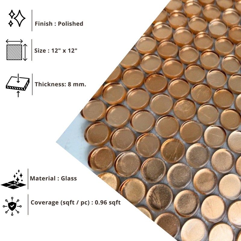 Tenedos HTC200 Copper Penny Round Glass Mosaic Tile, Copper Finish,
