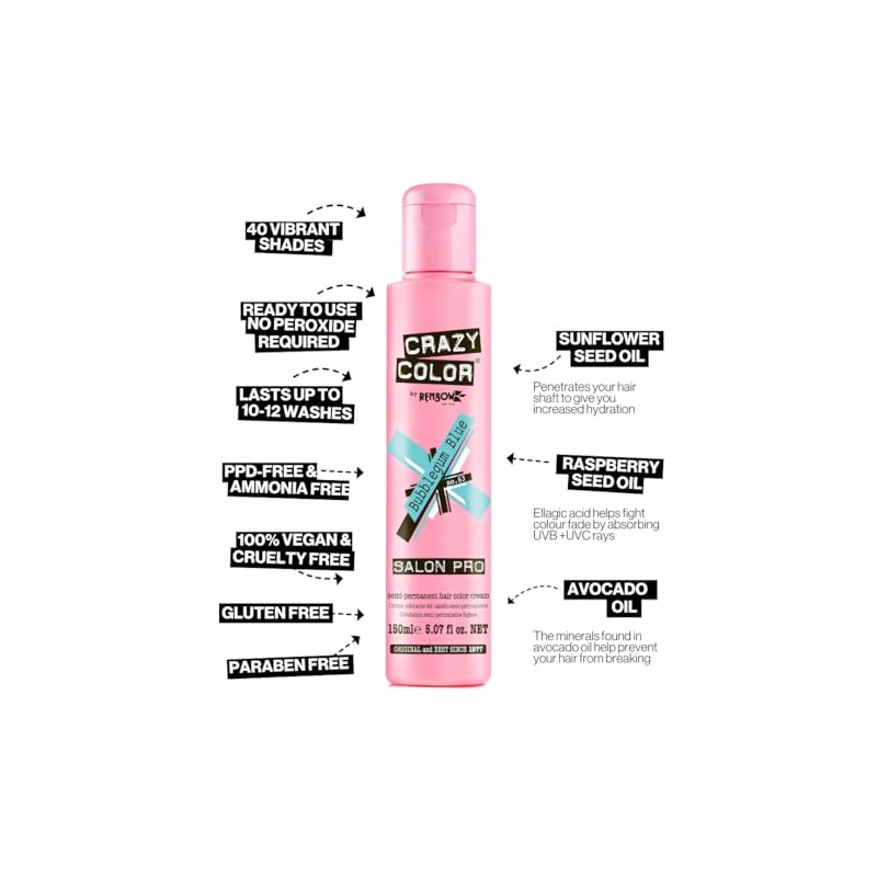 Crazy Color Semi Permanent Hair Color Cream, 150ML (BUBBLEGUM BLUE)