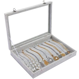 Wudygirl Ice Velvet 20 Hooks Jewelry Showcase for Necklaces Jewelry Box Stackable Glass Top Lockable (Necklace Box)